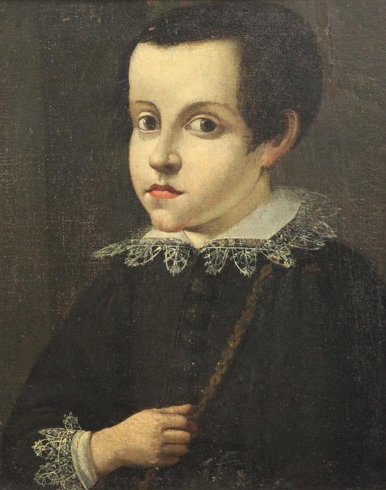 Early 17th century Florentine School Portrait of a youth wearing a lace trimmed jacket 16 x 13in.